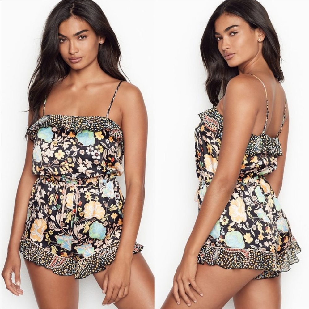 Victoria’s Secret Black Floral Romper Adjustable Spaghetti Straps & Waist Sz L
